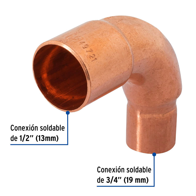 Codo Cobre 90° Reducido 3/4" X 1/2" (19 mm x 13 mm) Copperflow