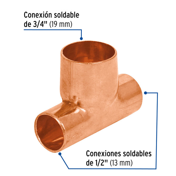 Tee Cobre Reducida 1/2" X 1/2" X 3/4" (13 mm X 13 mm X 19 mm) Copperflow