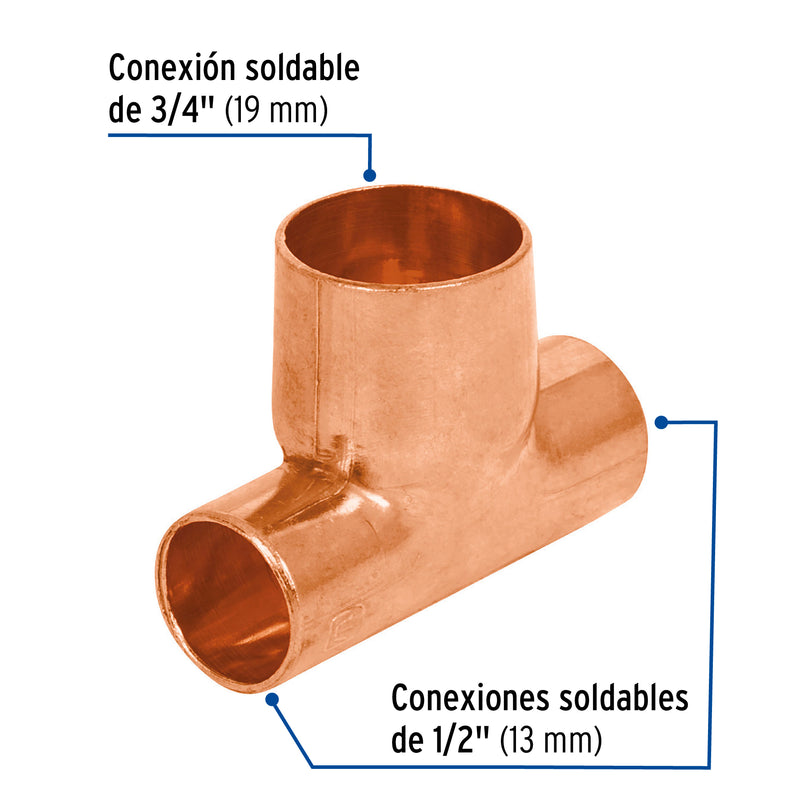 Tee Cobre Reducida 1/2" (13 mm) X 1/2" (13 mm) x 3/4" (19 mm) Copperflow