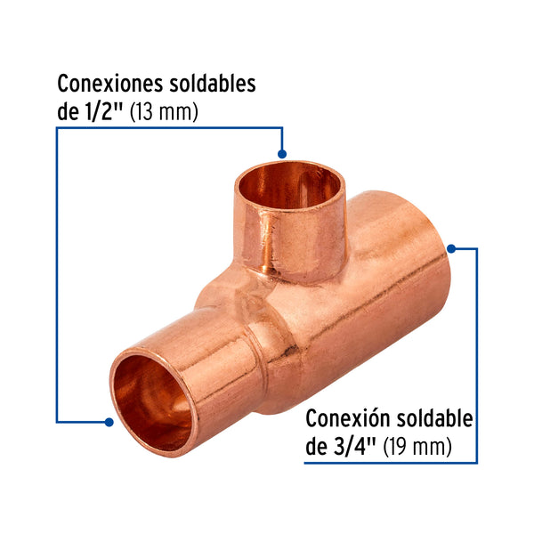 Tee Cobre Reducida 3/4" X 1/2" X 1/2" (13 mm X 19 mm X 13 mm) Copperflow