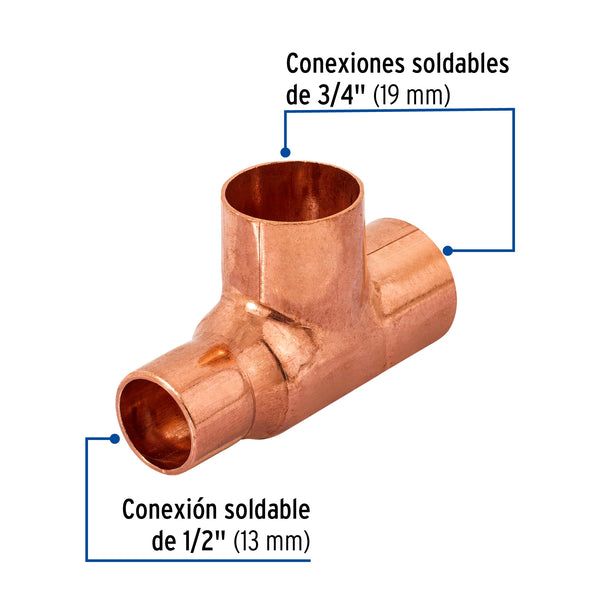 Tee Cobre Reducida 3/4" X 1/2" X 3/4" (13 mm X 19 mm X 19 mm) Copperflow