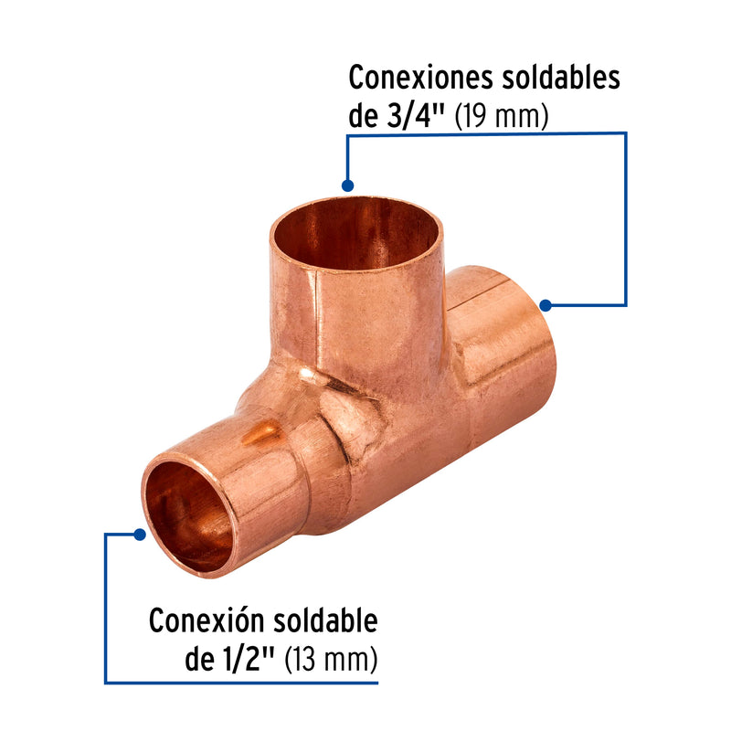 Tee Cobre Reducida 3/4" (19 mm) X 1/2" (13 mm) x 3/4" (19 mm) Copperflow