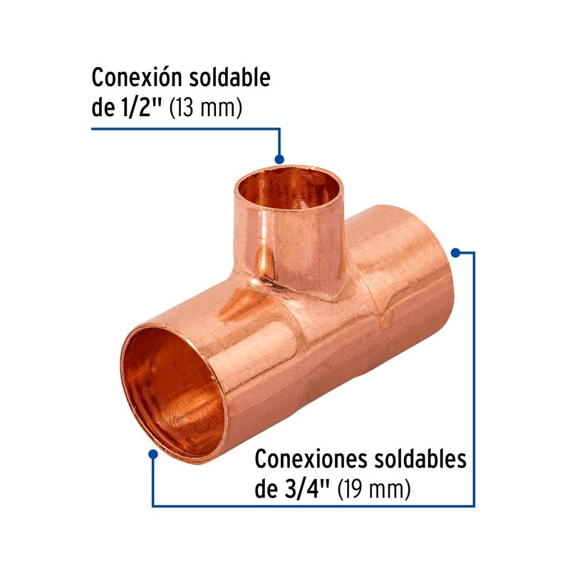 Tee Cobre Reducida 3/4" (19 mm) X 3/4" (19 mm) x 1/2" (13 mm) Copperflow