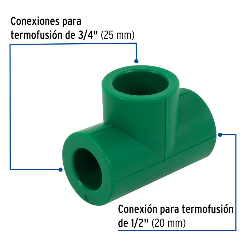 Tee PPR Reducida 3/4" (25 mm) X 1/2" (20 mm) X 3/4" (25 mm) Aksi