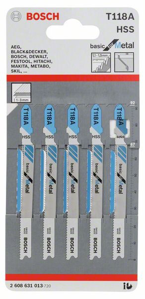 Hoja de Sierra de Calar Paquete con 5 Piezas Corte Basico Metal T 118 A Bosch